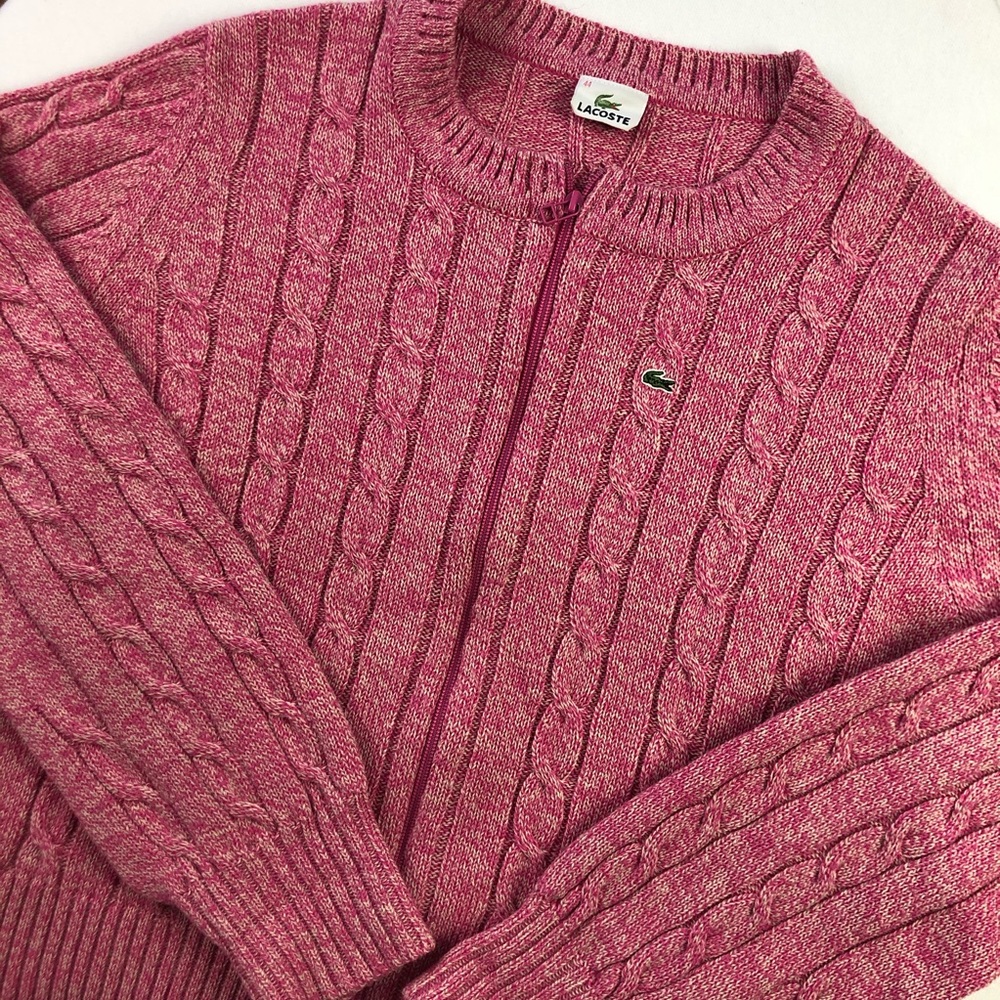 Lacoste pink cable knit zip wool cardigan Sz L 44 - Picture 3 of 8